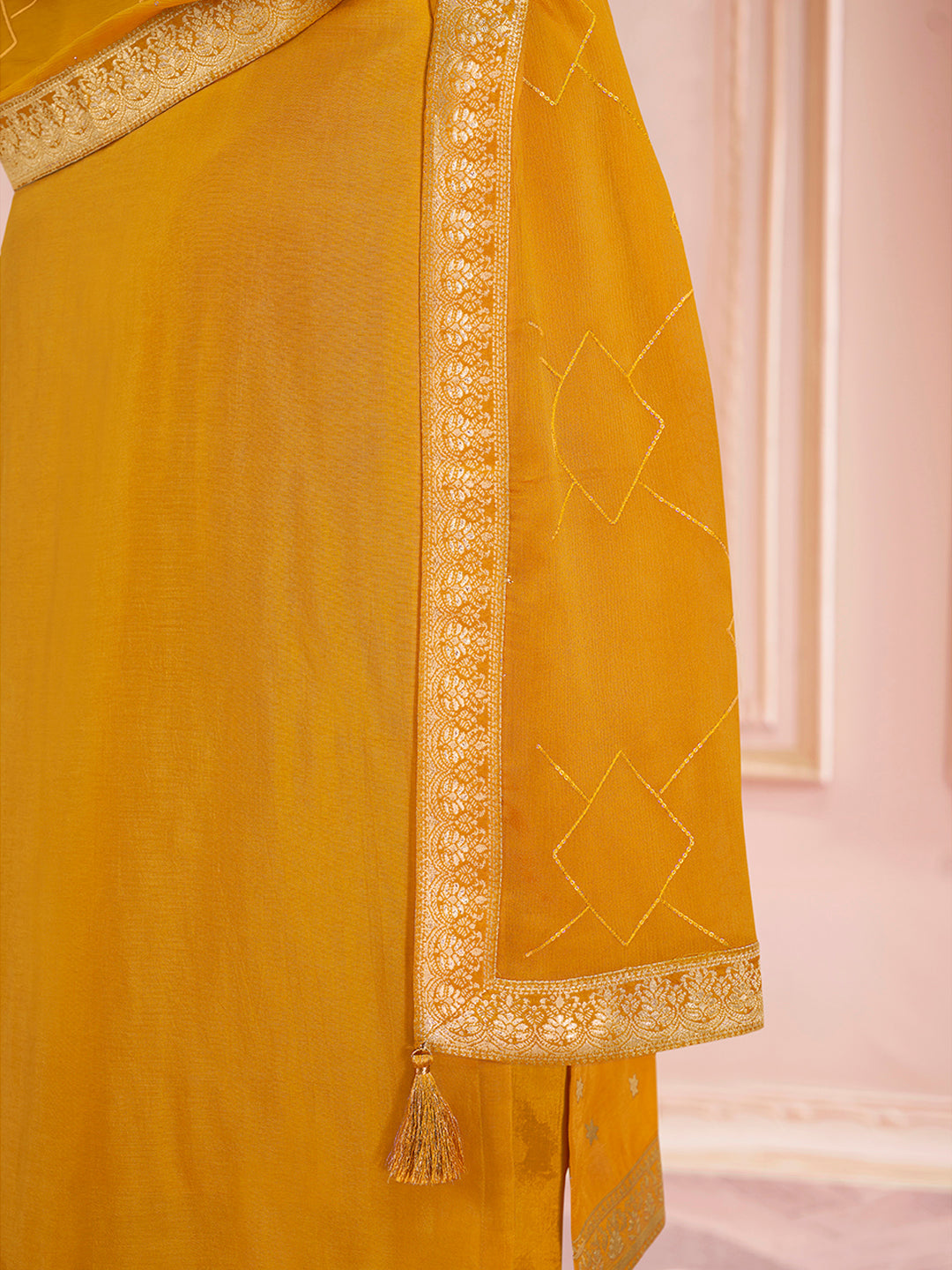 Honey Yellow Dola Silk Jacquard Kurta with Santoon Trouser Bottom and Chinon Dupatta