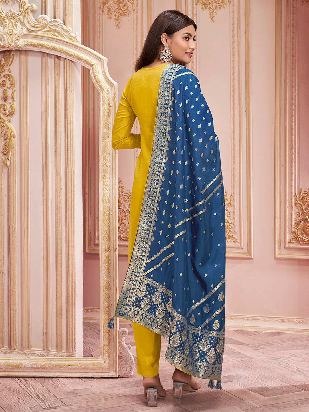 Mustard Yellow Dola Silk Jacquard Kurta with Santoon Trouser