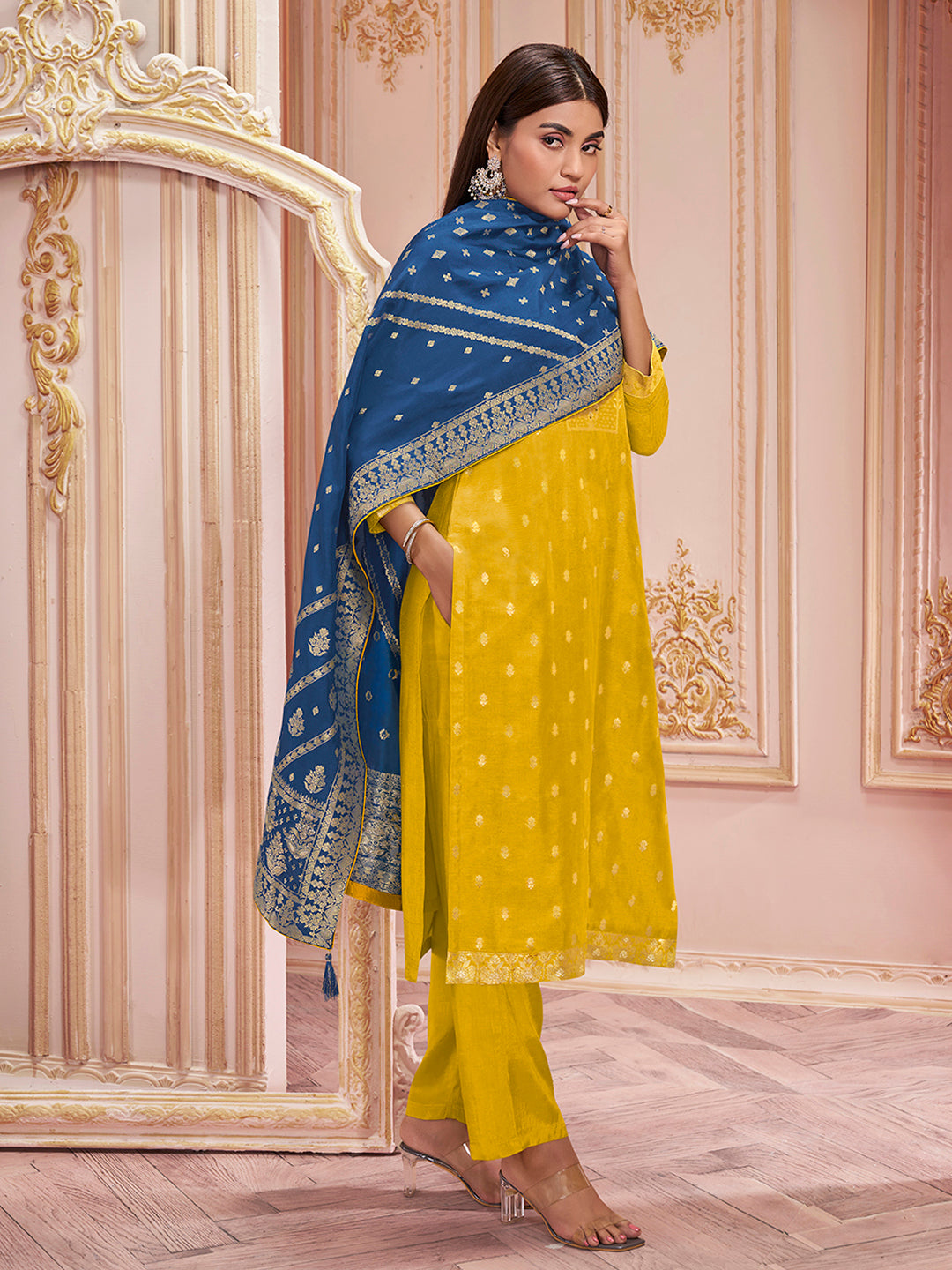 Mustard Yellow Dola Silk Jacquard Kurta with Santoon Trouser