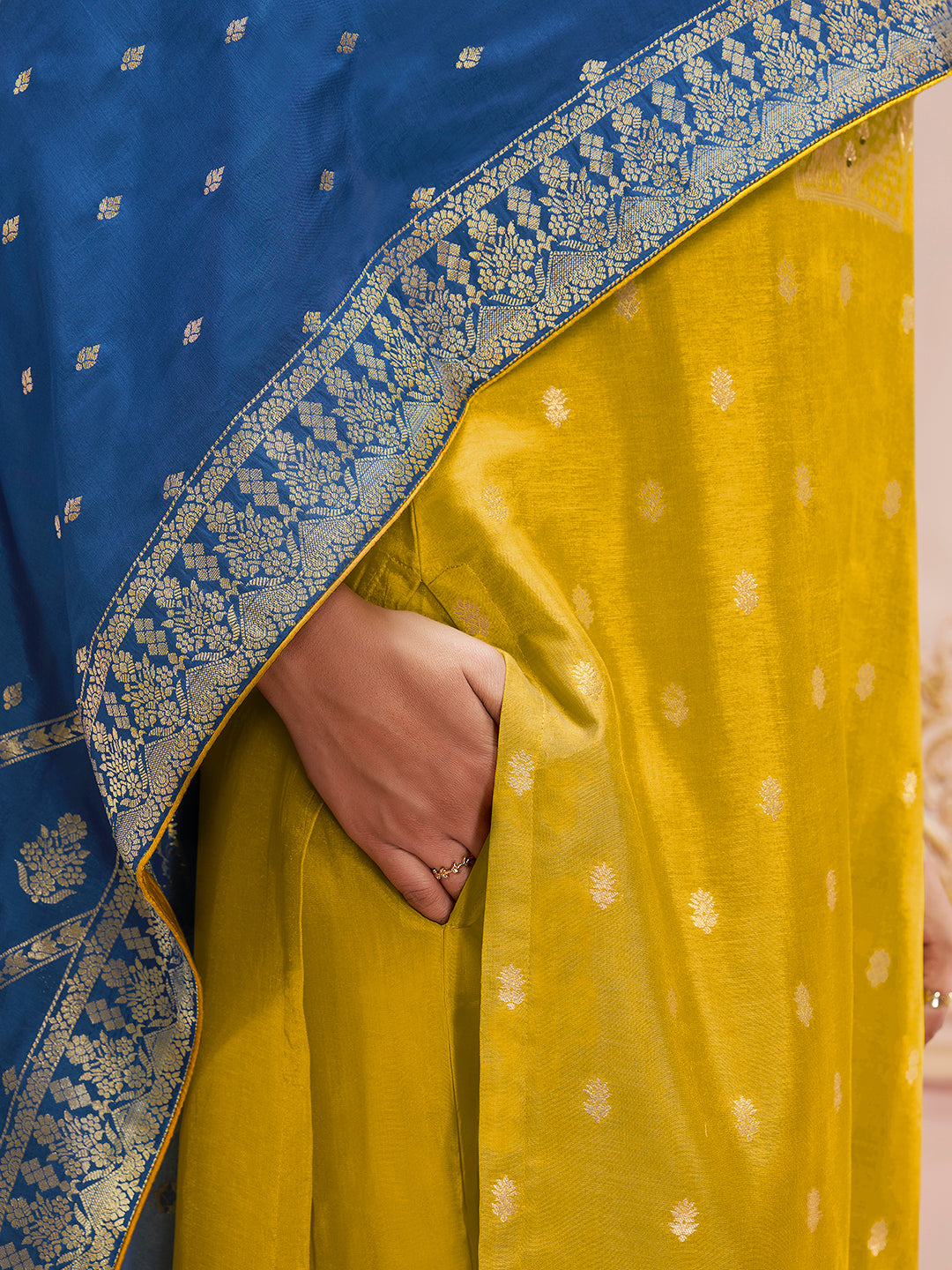 Mustard Yellow Dola Silk Jacquard Kurta with Santoon Trouser