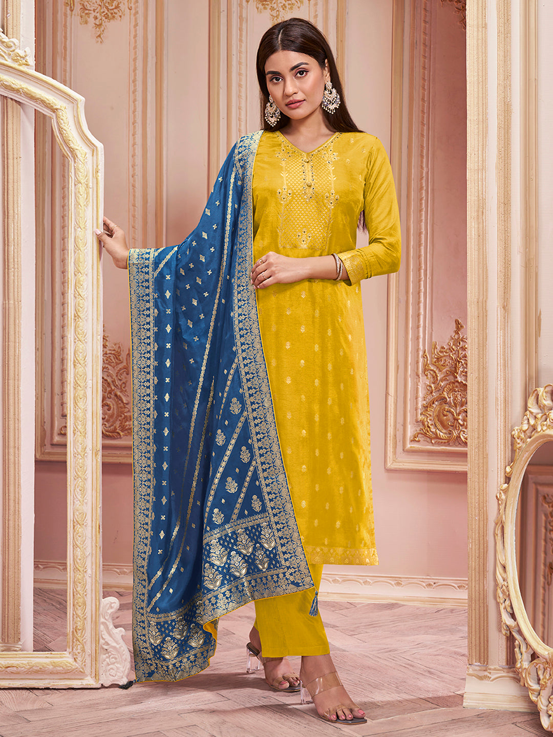 Mustard Yellow Dola Silk Jacquard Kurta with Santoon Trouser