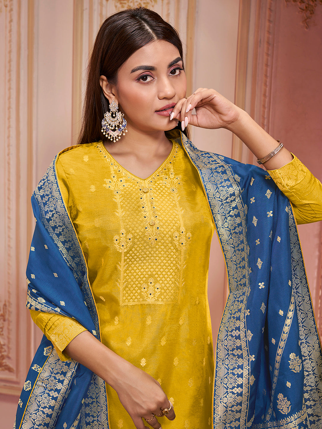 Mustard Yellow Dola Silk Jacquard Kurta with Santoon Trouser