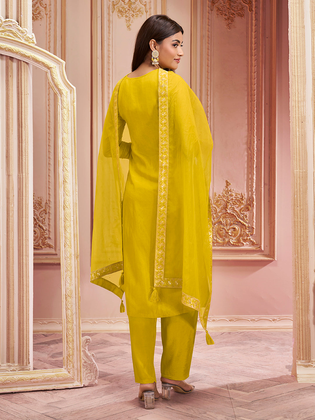 Titanium Yellow Dola Silk Jacquard Kurta with Santoon Trouser and Organza Dupatta