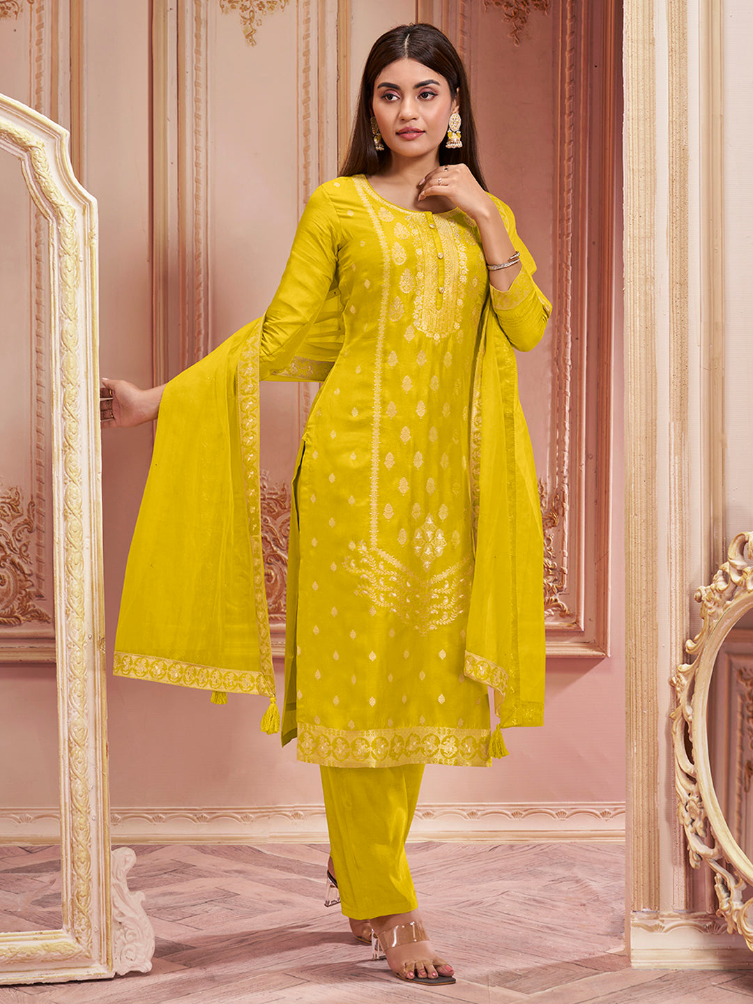 Titanium Yellow Dola Silk Jacquard Kurta with Santoon Trouser and Organza Dupatta