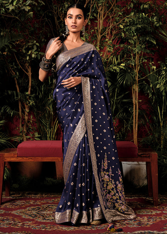 Denim Blue Zari Woven Dola Silk Saree with Designer Pallu