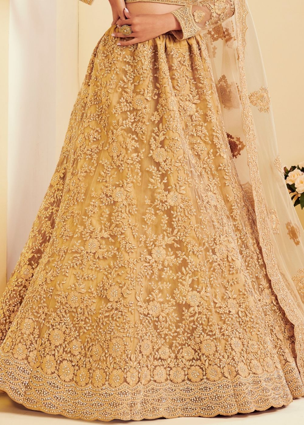 Antique Golden Soft Net Lehenga Choli with Cording Embroidery & Stone work