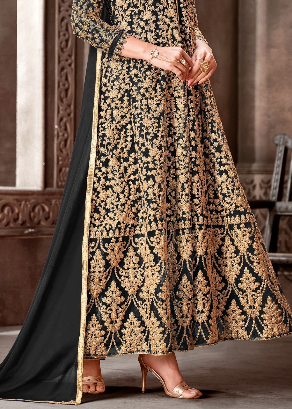 Sable Black Designer Net Anarkali Suit with Full Thread Embroidery Work: Top Pick