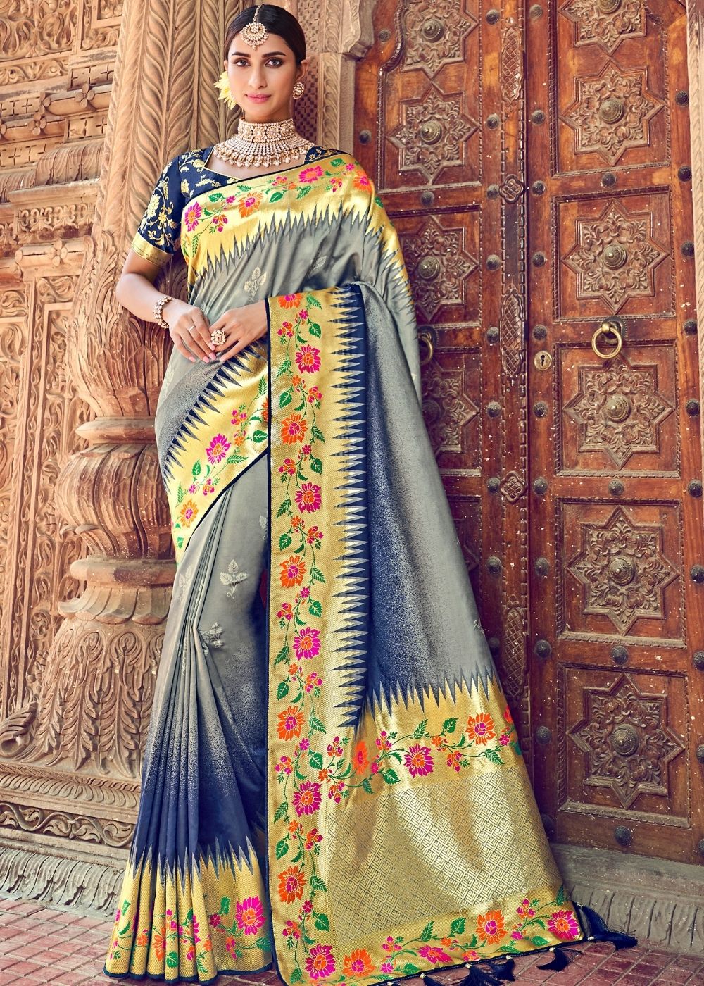 Grey and Blue Banarasi Silk Saree with Floral Motif Border