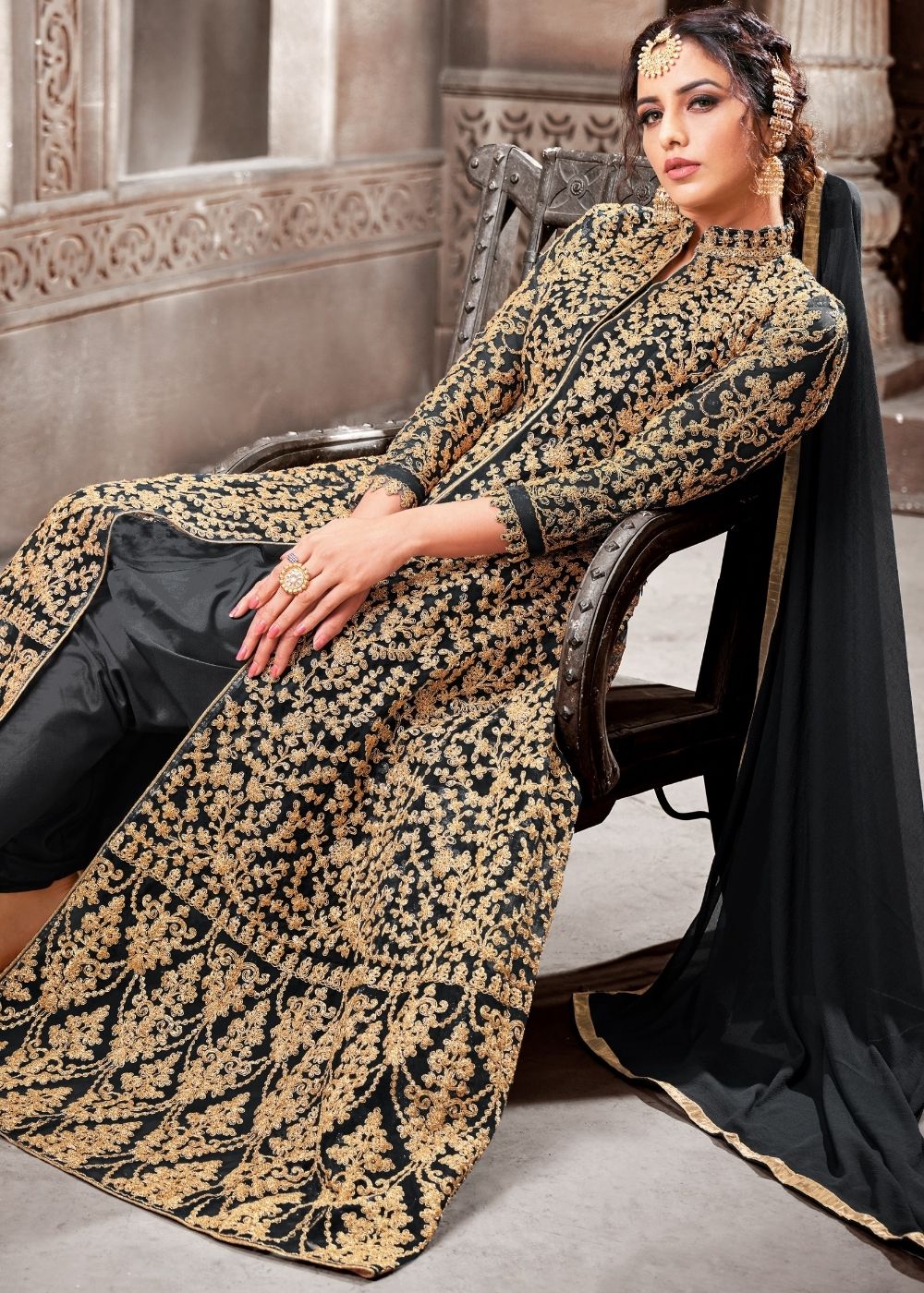 Sable Black Designer Net Anarkali Suit with Full Thread Embroidery Work: Top Pick