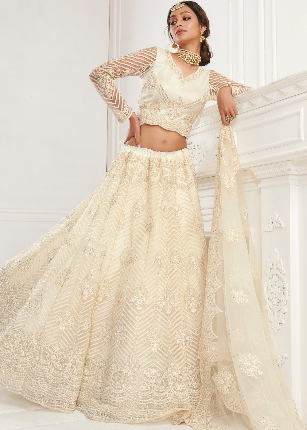 Off White Soft Net Lehenga Choli with Cording Embroidery & Stonework