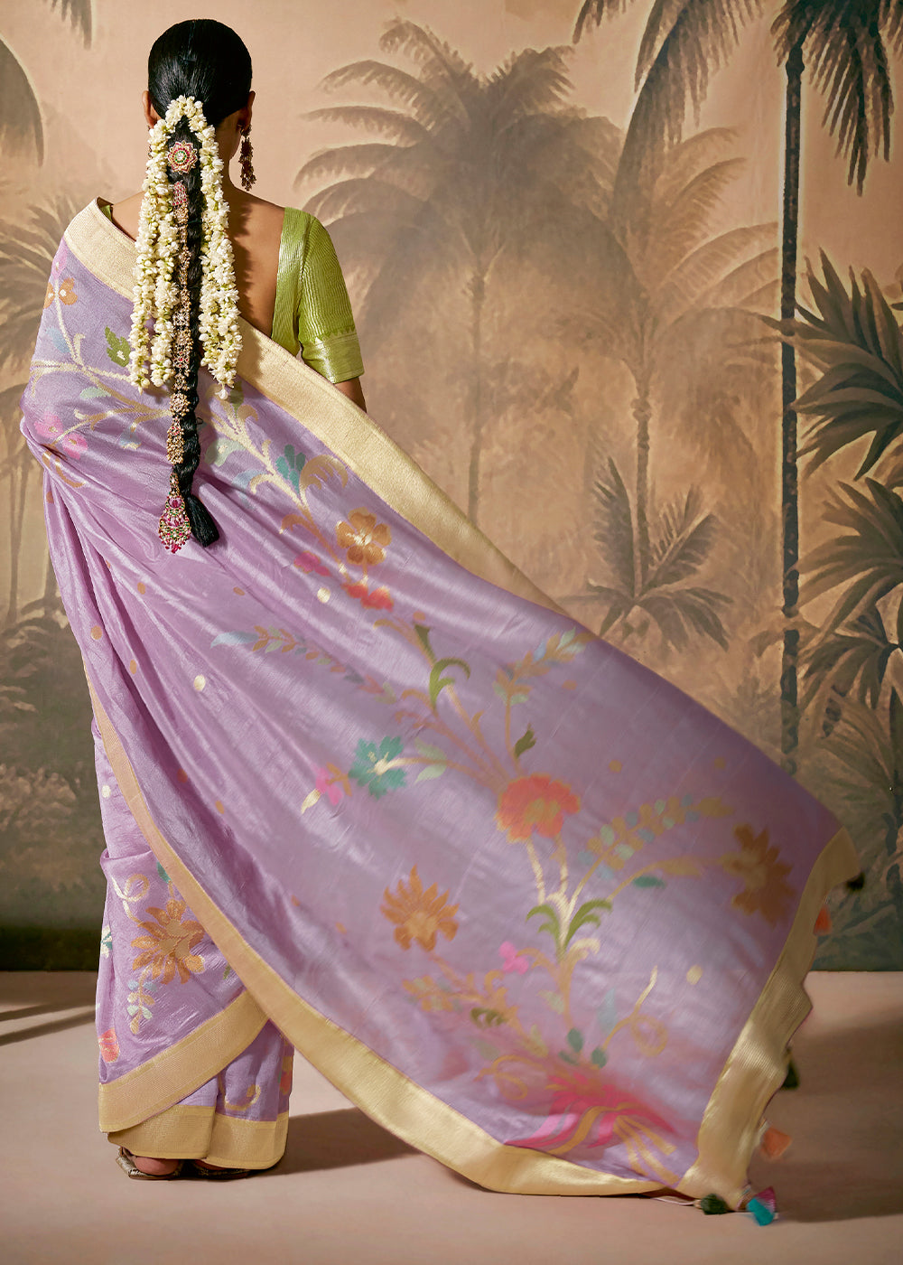 Periwinkle Purple Munga Silk Saree with Zari work & Woven with Resham in Floral Motifs