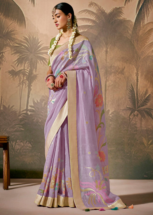 Periwinkle Purple Munga Silk Saree with Zari work & Woven with Resham in Floral Motifs