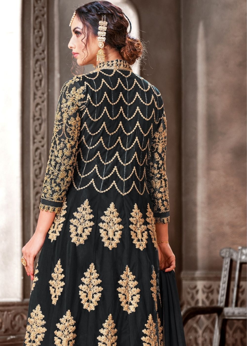 Sable Black Designer Net Anarkali Suit with Full Thread Embroidery Work: Top Pick