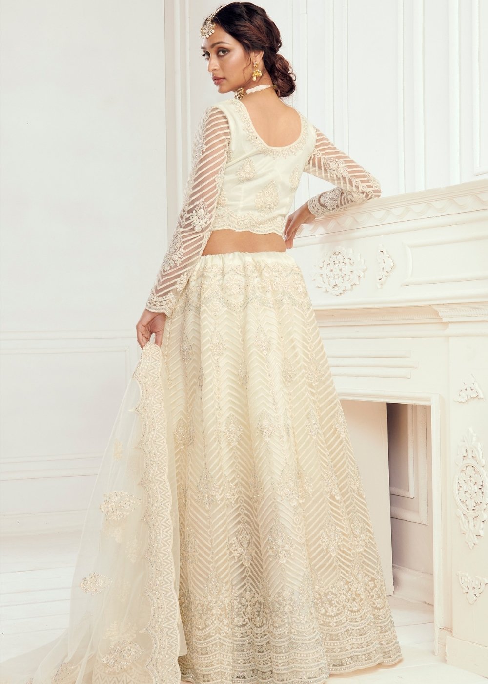 Off White Soft Net Lehenga Choli with Cording Embroidery & Stonework