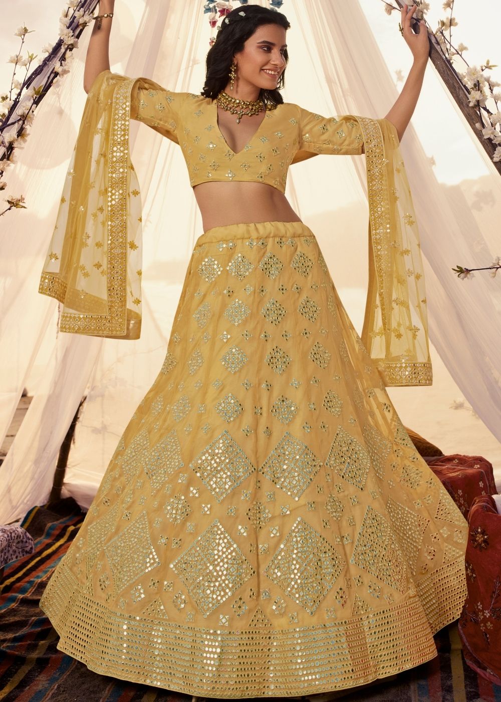 Canary Yellow Organza Lehenga Choli with Thread, Foli and Mirror work (Pre-Order)