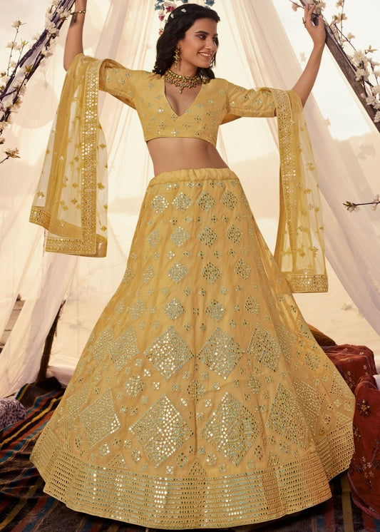 Canary Yellow Organza Lehenga Choli with Thread, Foli and Mirror work (Pre-Order)
