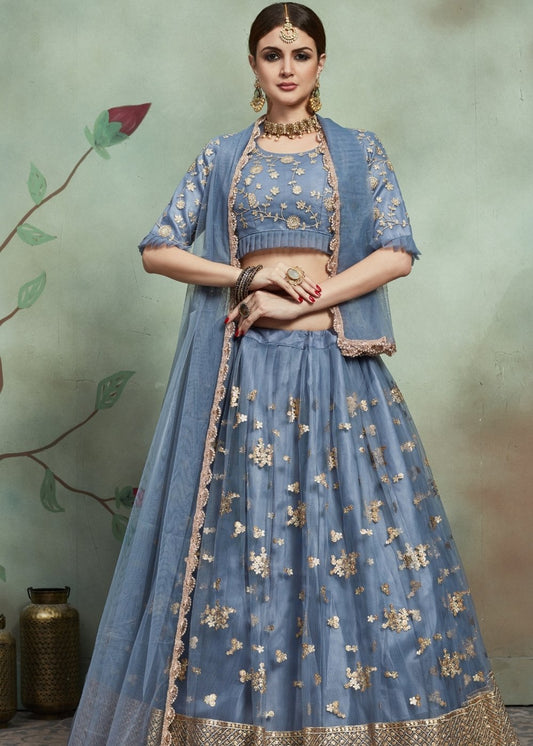 Pewter Grey Designer Soft Net Lehenga Choli with Sequins & Zari work