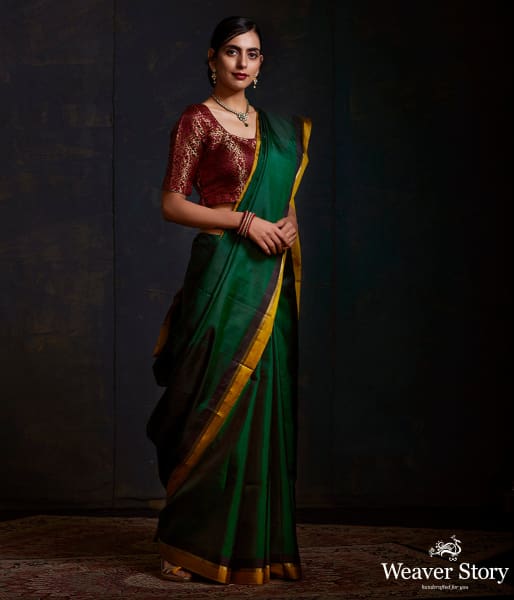 Bottle Green Kanjivaram Silk Saree With Black and Mustard Small Border