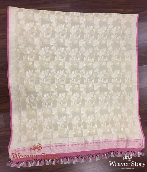 Handwoven Banarasi Georgette Dupatta in Beige with Pink