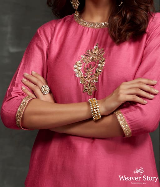 Hand embroidered munga silk kurta with zardozi detailing on the front and neck and sleeves