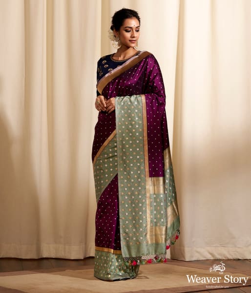 Handwoven Wine Oval Dots Saree with Check Border
