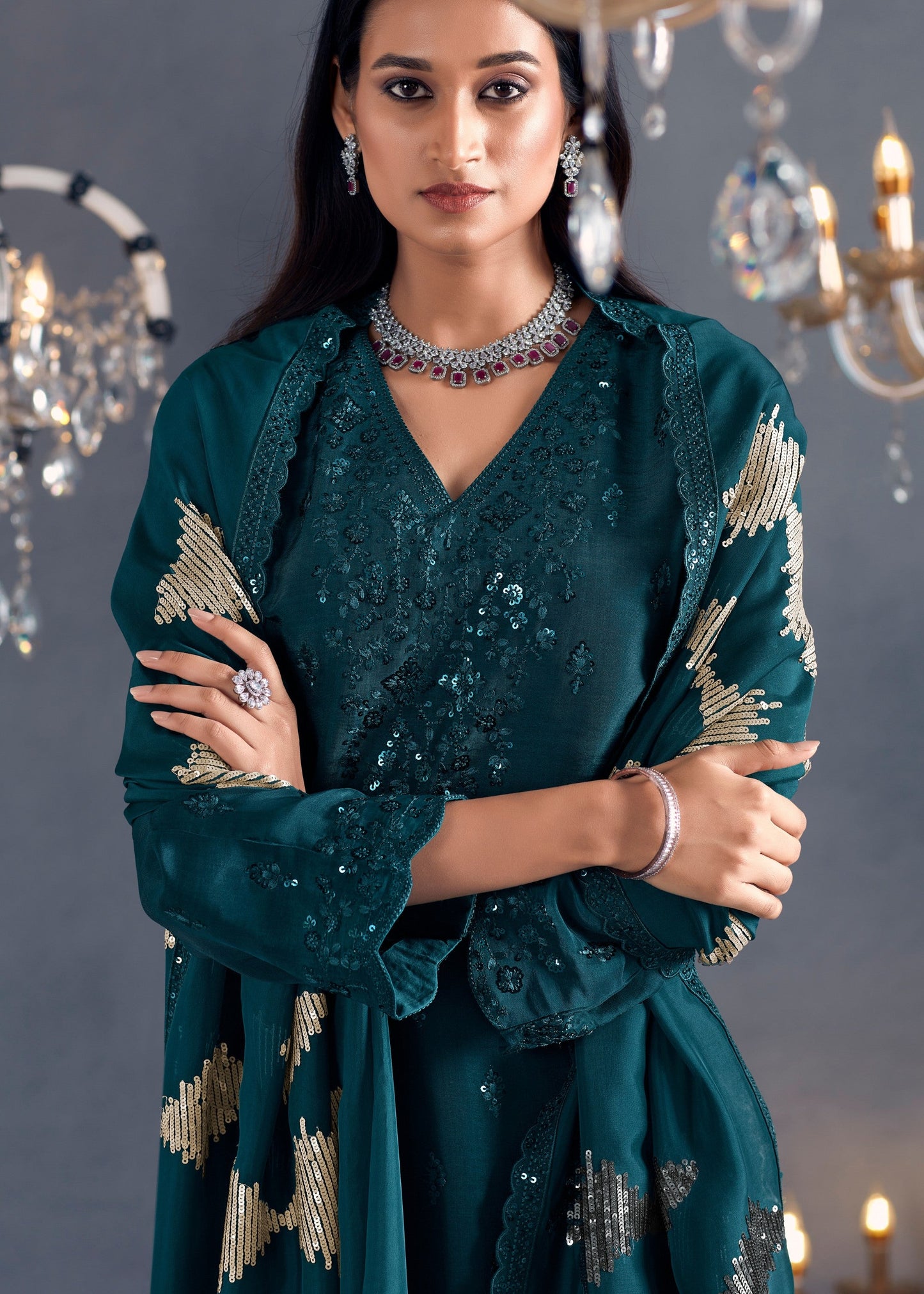 Teal Hazel Russian Silk Sequins Salwar Suit