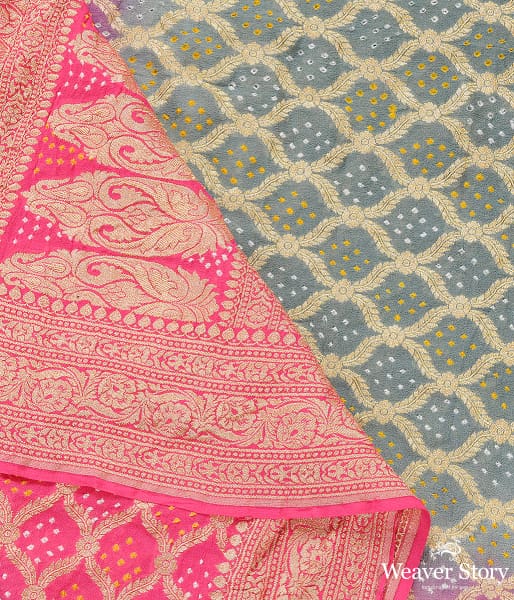 Handwoven Pink Grey Banarasi Bandhej Dupatta
