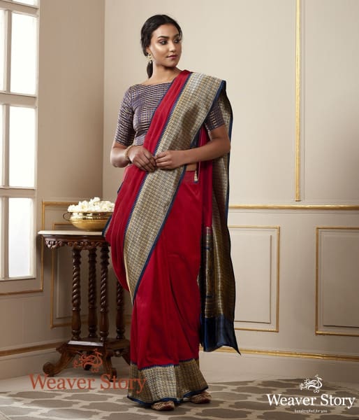 Handwoven Red Pashmina Saree