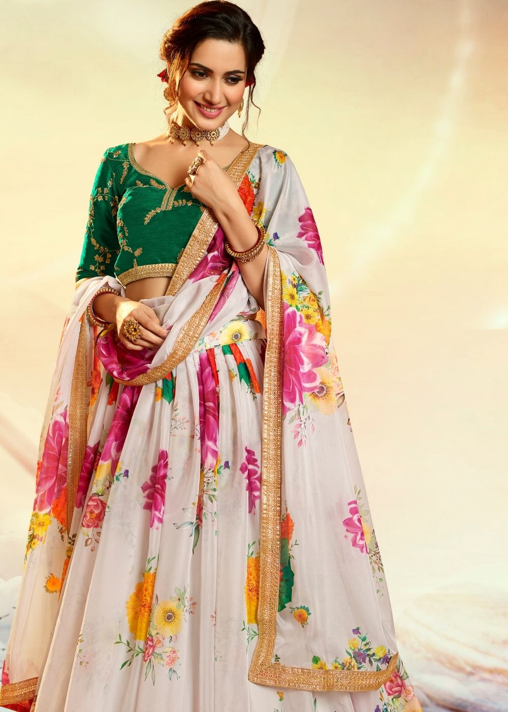 Off-White Organza Designer Printed Floral Lehenga Choli with Sequins and Zari work(Pre-Order)