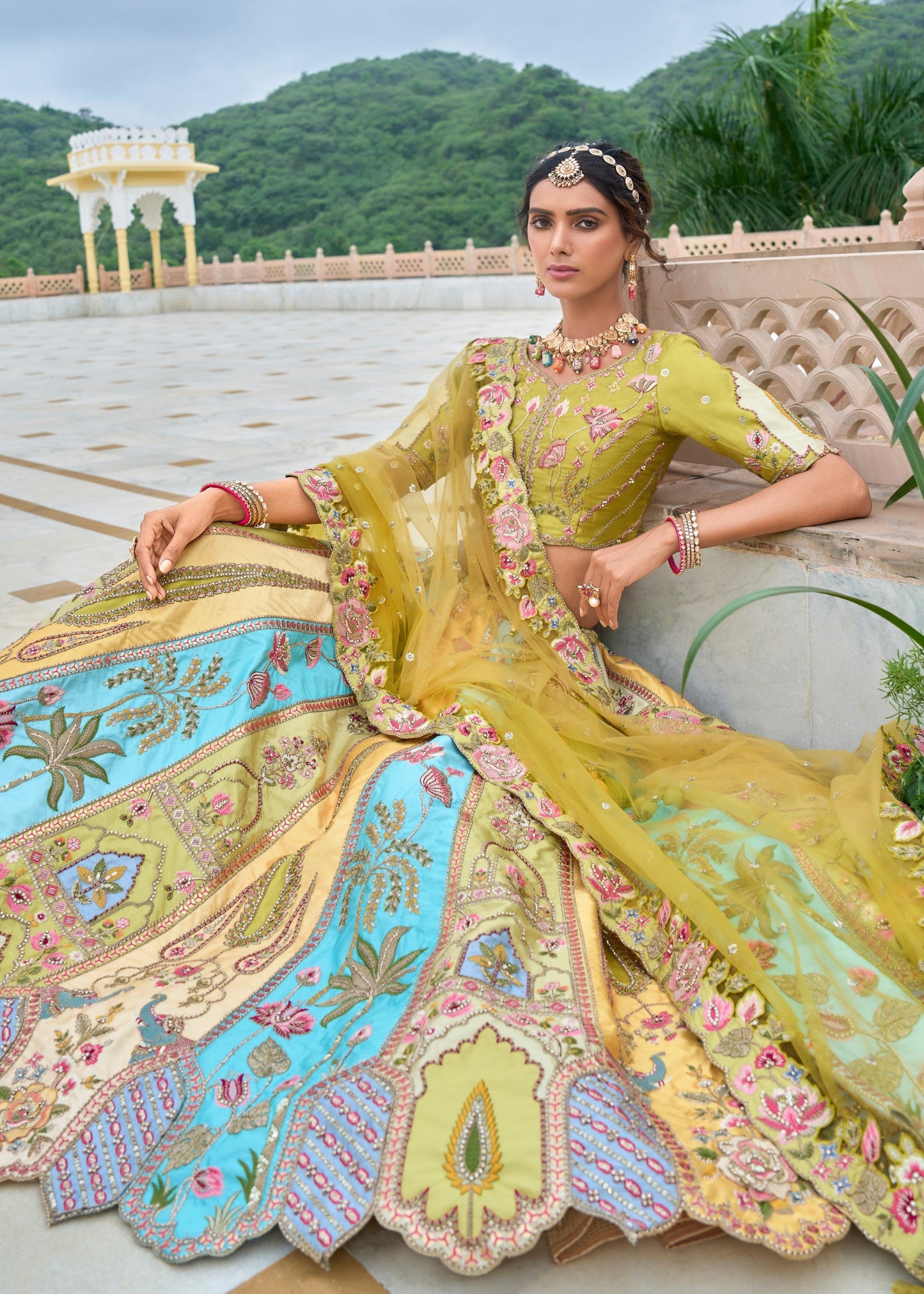 Green and Light Blue Viscose Tissue Lehenga Choli with Embroidery Work