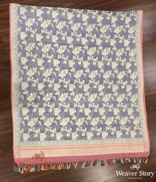 Handwoven Grey Banarasi Georgette Dupatta with Pink Border