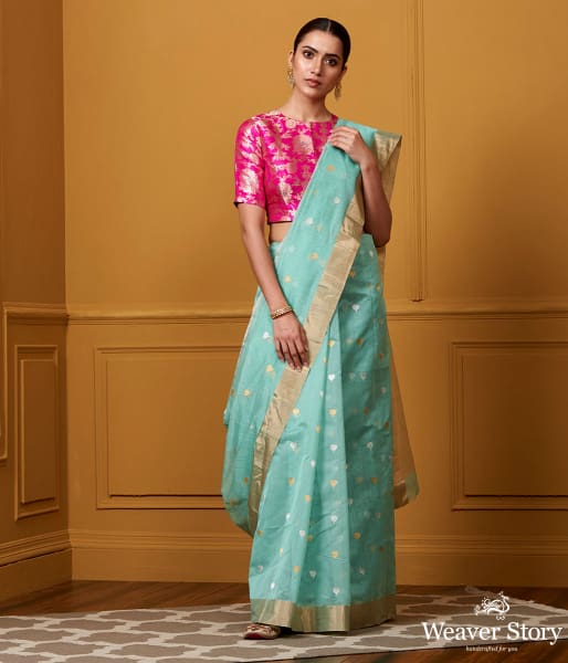 Handwoven Aqua Mogra Ek Naliya Boota Sareee