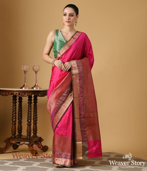 Handwoven Pink Katan Silk Banarasi Saree with Antique Zari Border