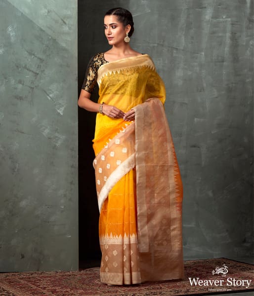 Handloom Yellow Ektara Organza Saree with Beige Kadhwa Booti Border