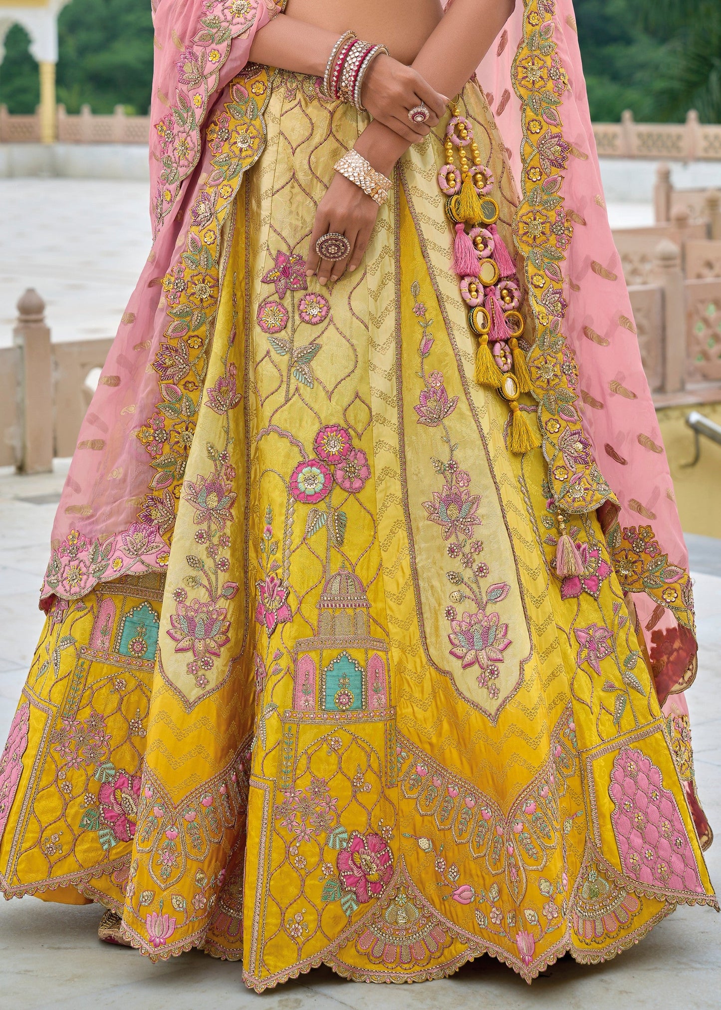 Canary Yellow and Pink Viscose Tissue Lehenga Choli with Embroidery Work