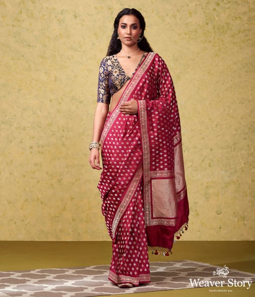 Handwoven Berry Pink Kadhwa Booti Saree with a Delicate Beldaar Border