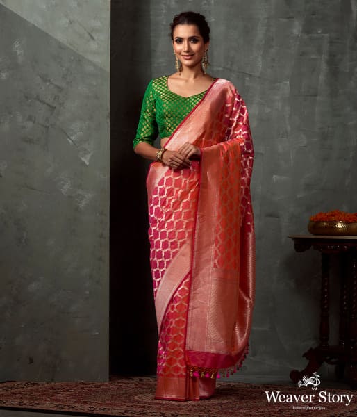 Handwoven Orange Cutwork Jangla Saree