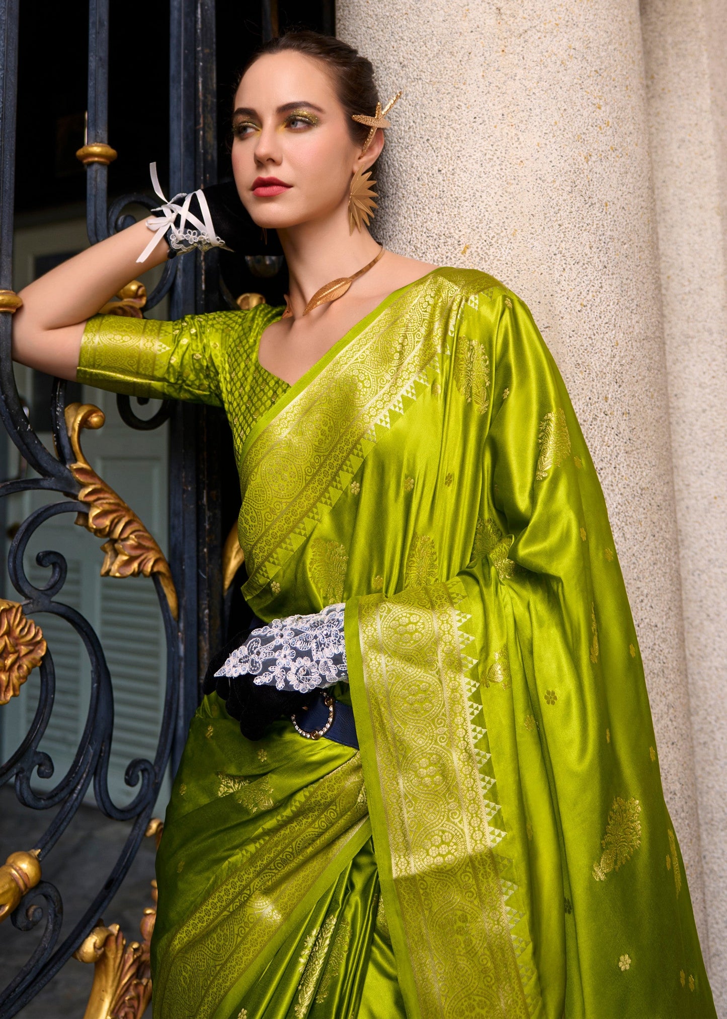 Volt Green Satin Mungha Silk Saree