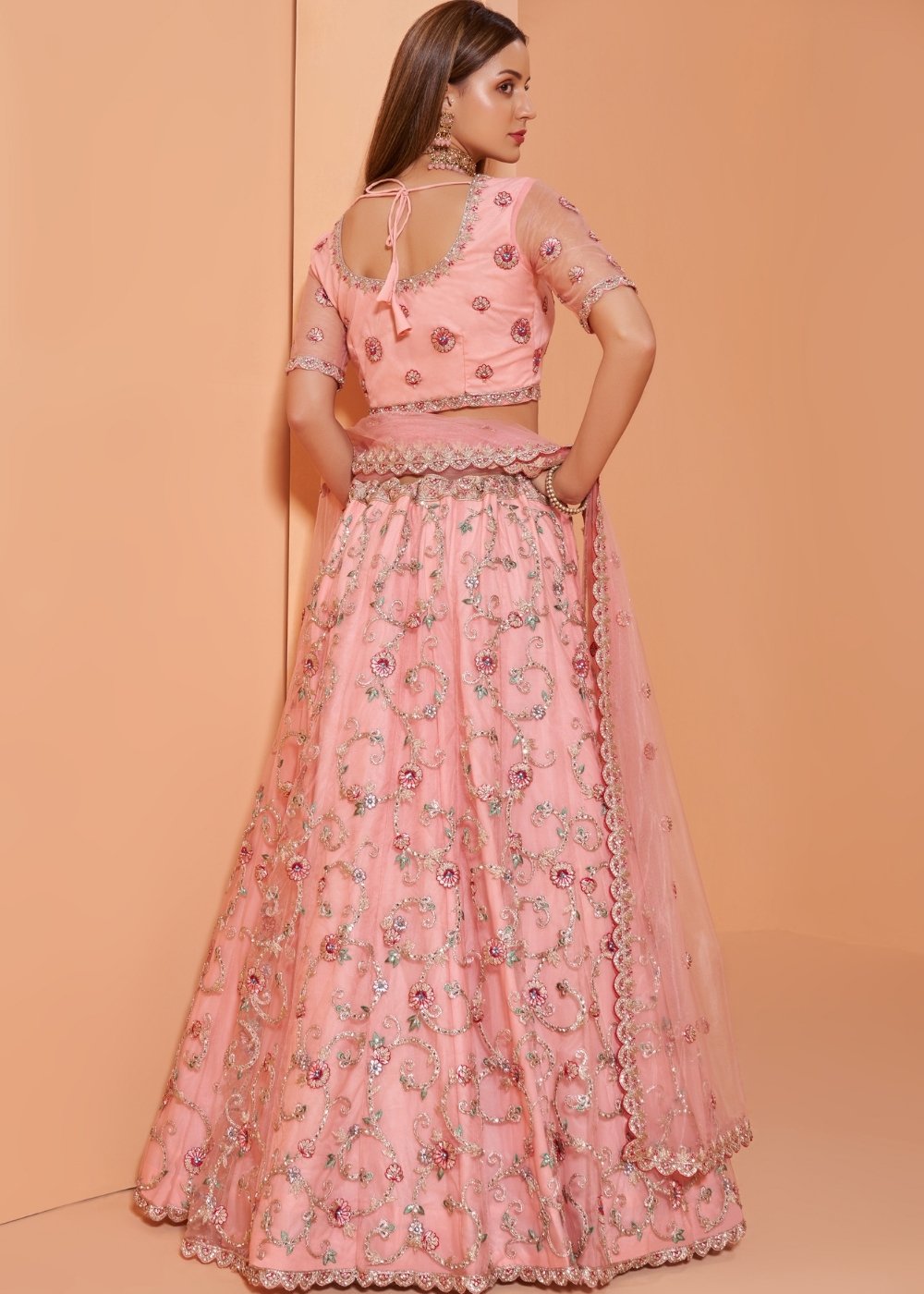 Creamy Pink Net Lehenga Choli with Cording,Thread Embroidery, Zarkan & Badla work