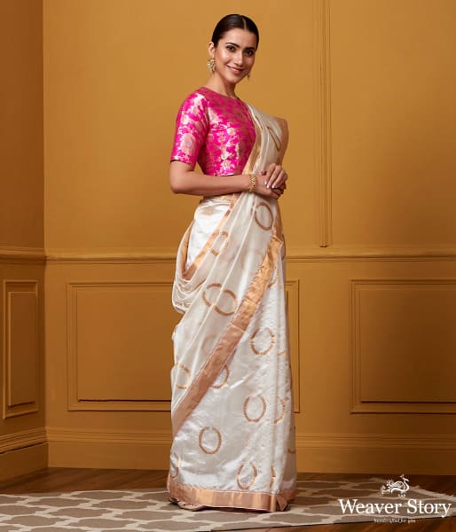 Handwoven White Kangan Boota Silk Saree