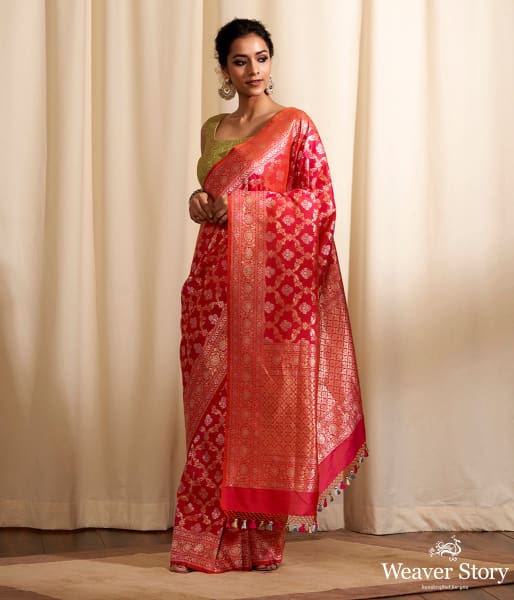 Hanwoven Pink Sona Rupa Cutwork Jangla Saree