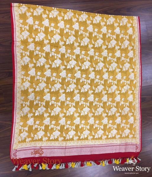 Handwoven Banarasi Georgette Dupatta in Mustard with Red Borders
