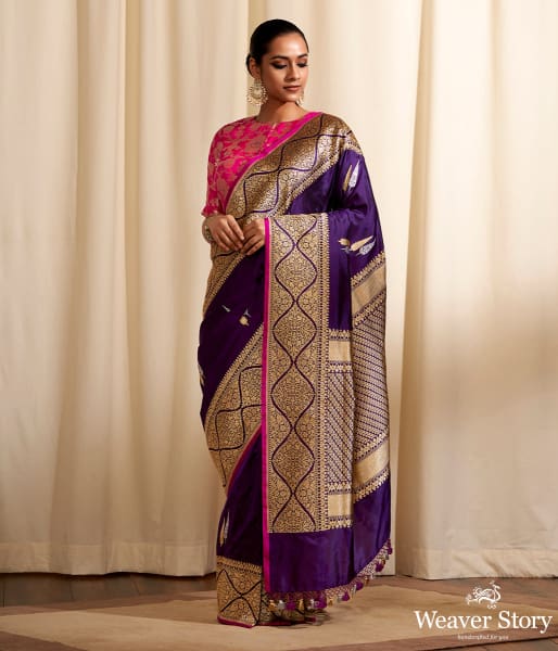 Handwoven Purple Kadhwa Twin Leaf Motif Saree with Wave Border