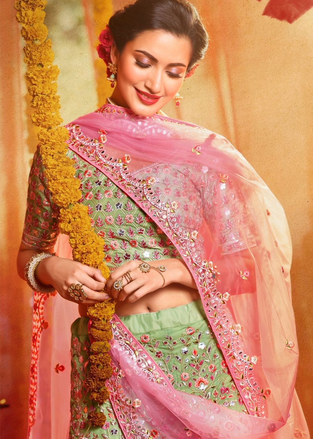 Mint Green Organza Designer Lehenga Choli with Foil, Mirror, Thread and Zari work (Pre-Order)