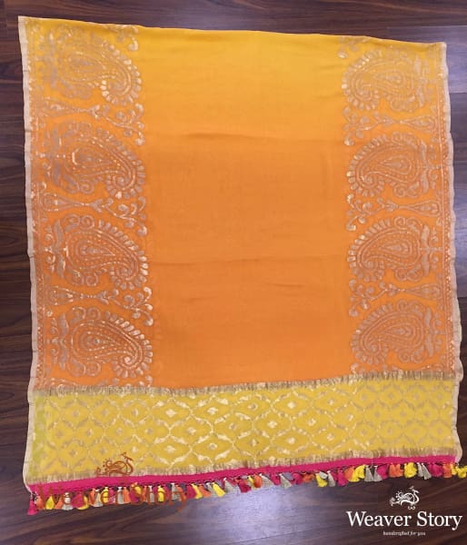 Handwoven Ombre Dye Orange and Yellow Banarasi Georgette Dupatta