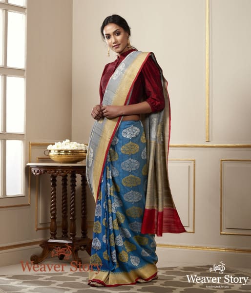 Handwoven Grey Tussar Banarasi Georgette Saree
