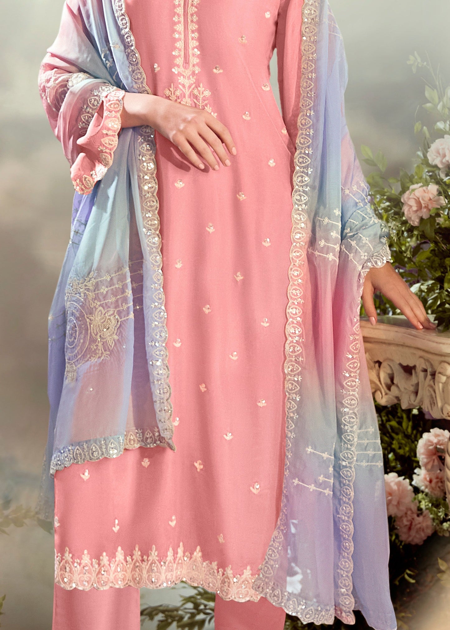 Pastel Pink Modale Silk Salwar Suit With Embroidery