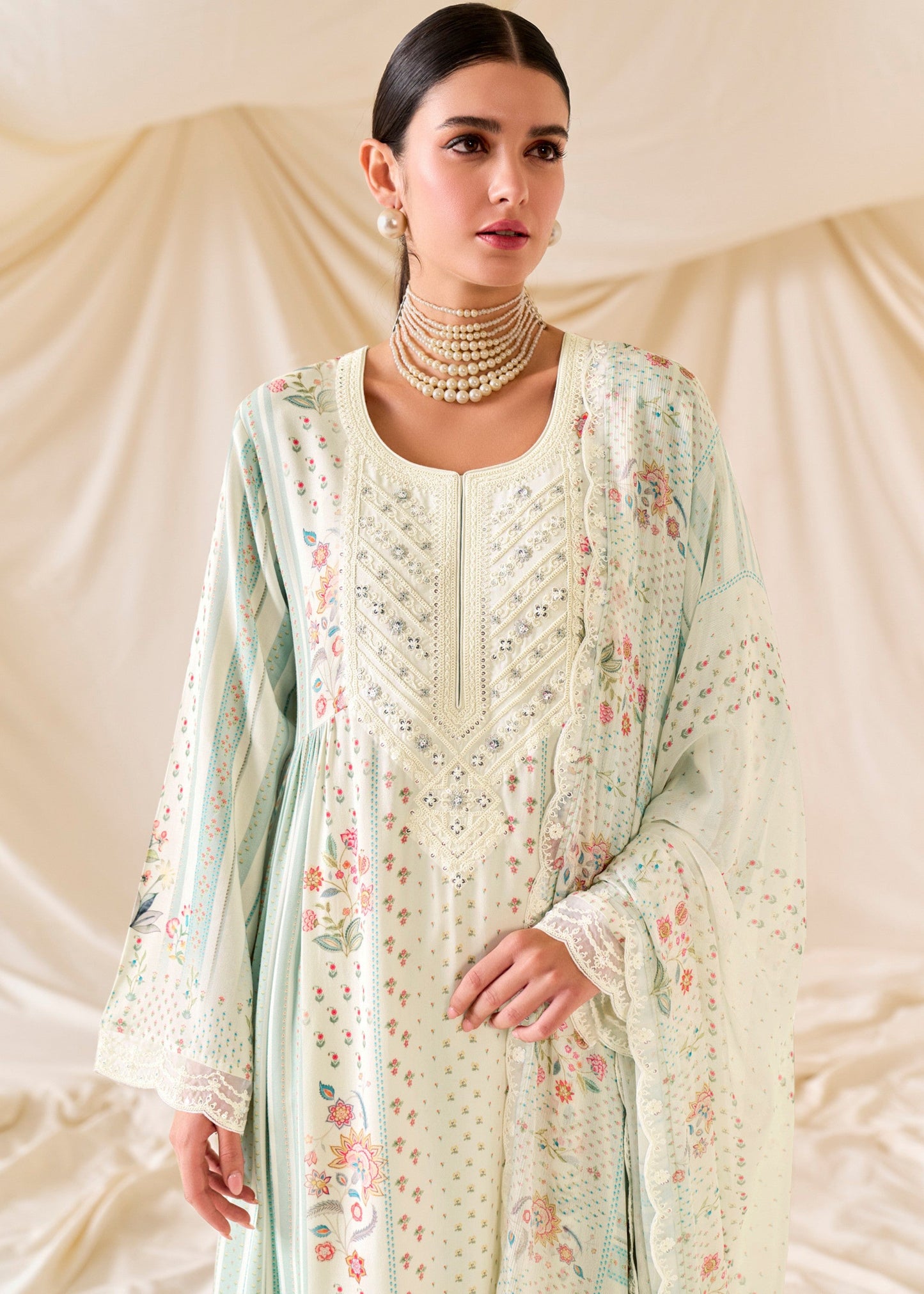 Mint Green Pure Muslin Salwar Suit with Dori Embroidery