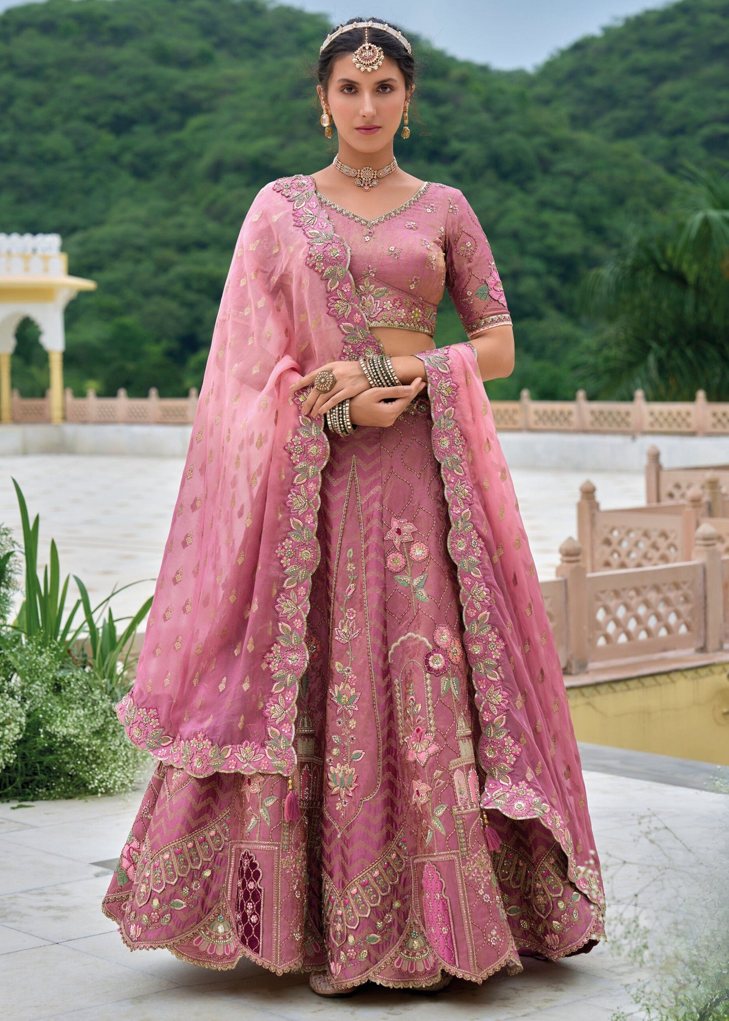 Smitten Pink Viscose Tissue Lehenga Choli with Embroidery Work