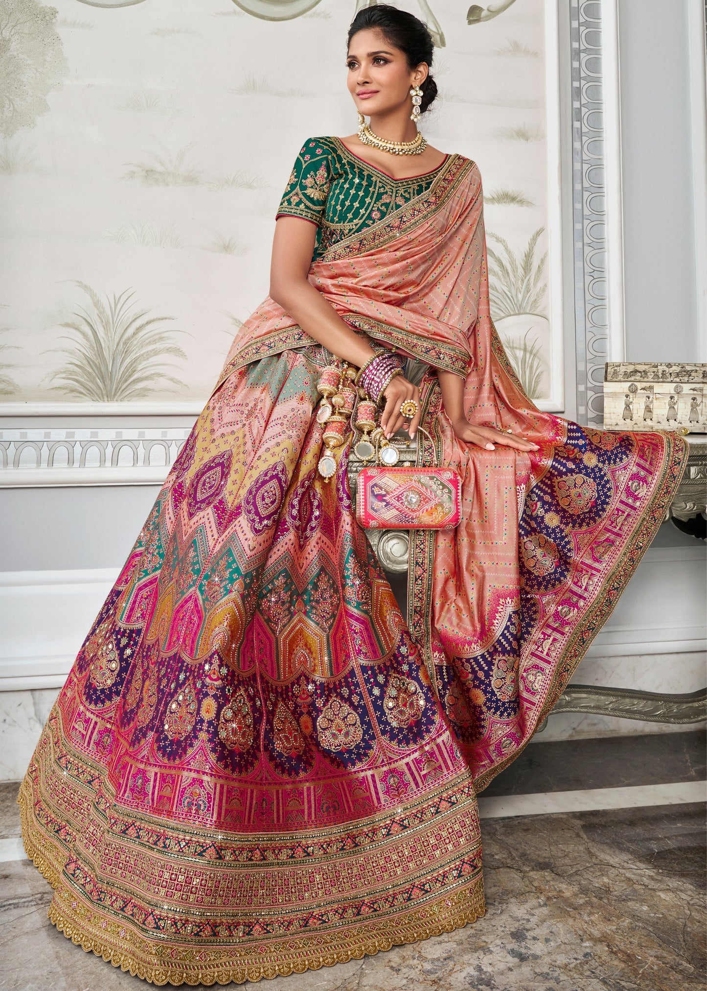 Green & Pink Banarasi Silk Lehenga with Zarkan Codding work